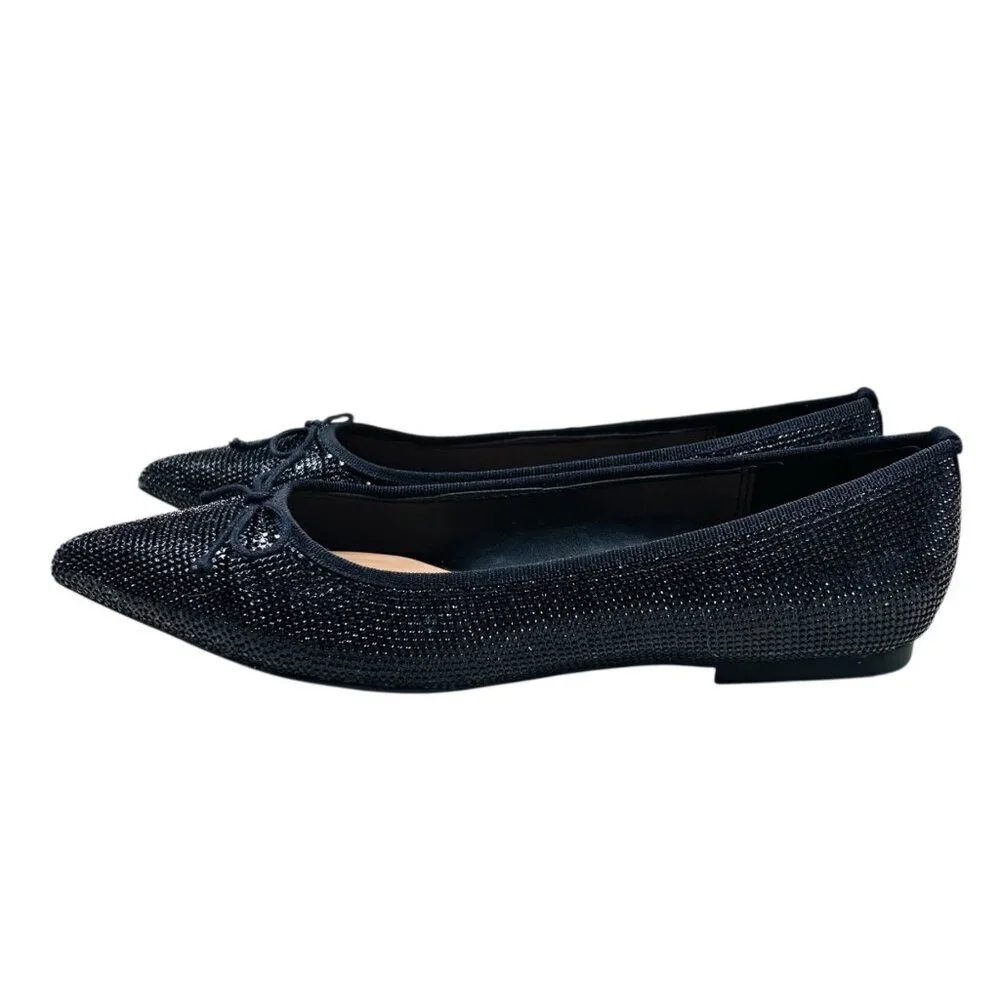 I.N.C. Persie Bow Flat Rhinestone Pointed Toe 8.5 Sparkle Party Black